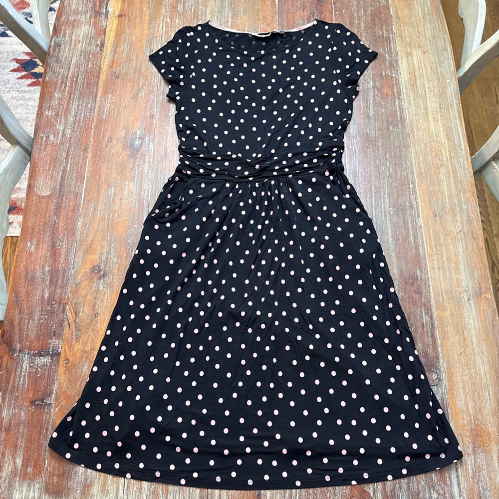 Boden Black Pink Polka Dot Midi Dress Size 4